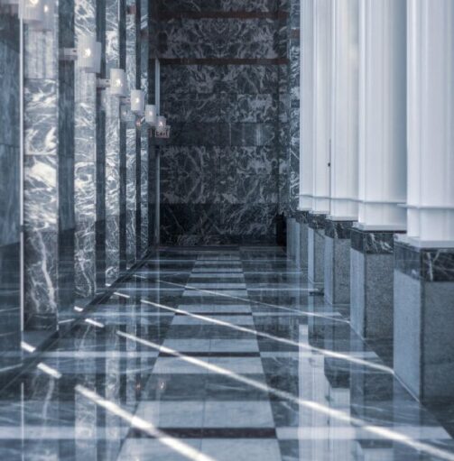 Marble floor and pillars to illustrate commercial marble floor restoration services in Oklahoma City